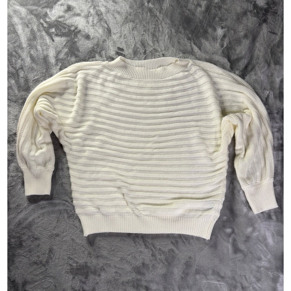 Emery Rose Striped Cream and Blue Sweater Womens L Crew Neck Long